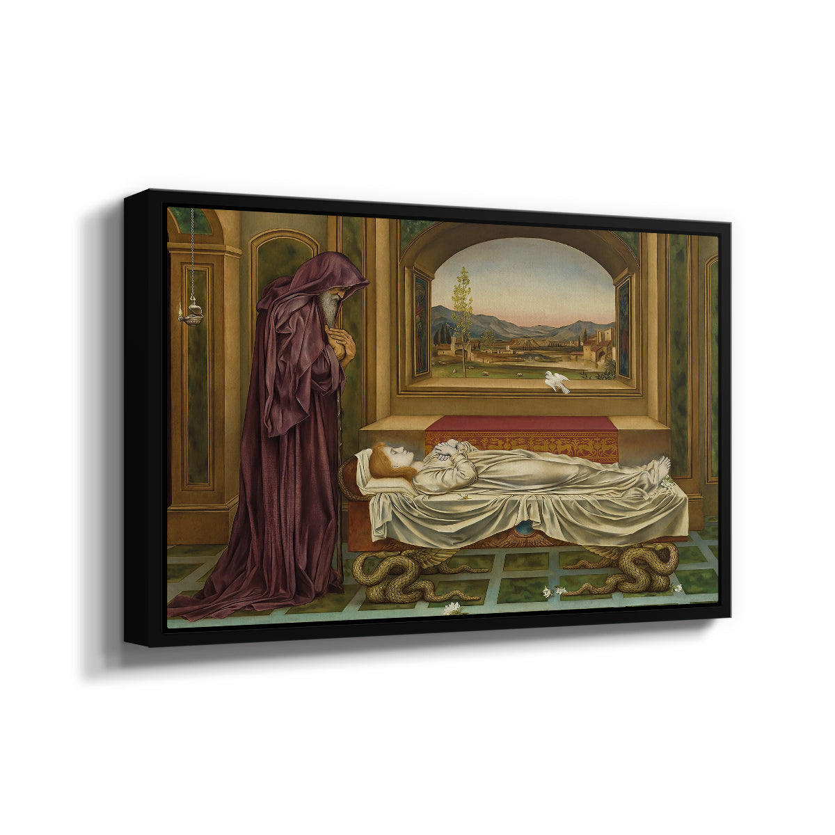 Angled view of The Wandering Jew: Whom the Gods Love Die Young, 1888 by Evelyn De Morgan in a black floater framed canvas.