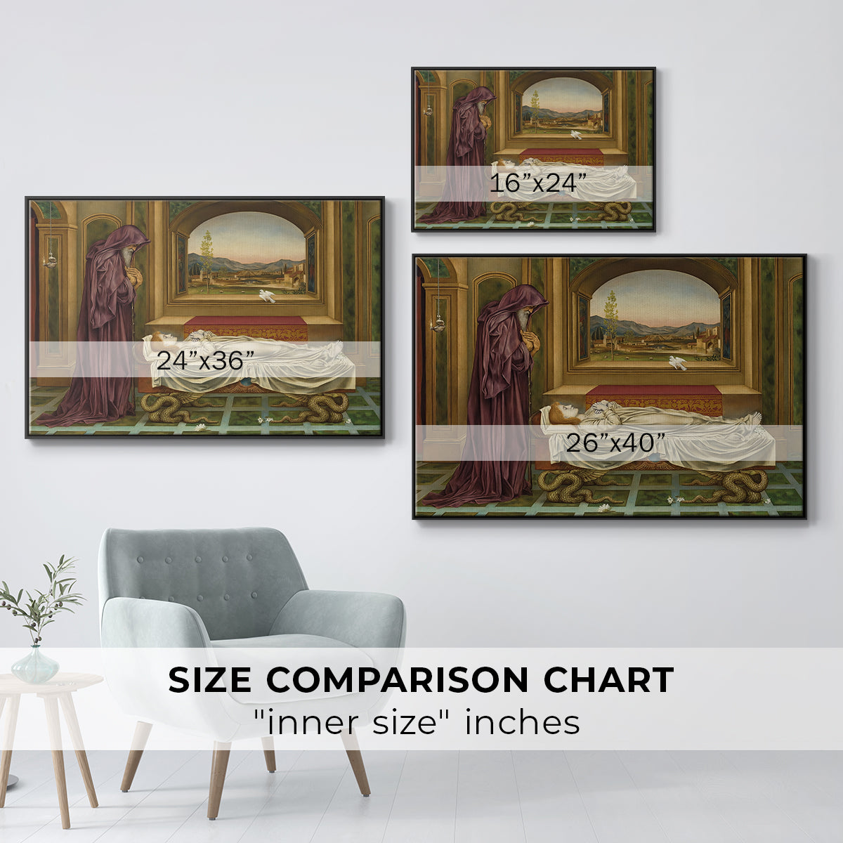 Size comparison chart for black floater framed canvas featuring The Wandering Jew: Whom the Gods Love Die Young, 1888 by Evelyn De Morgan.
