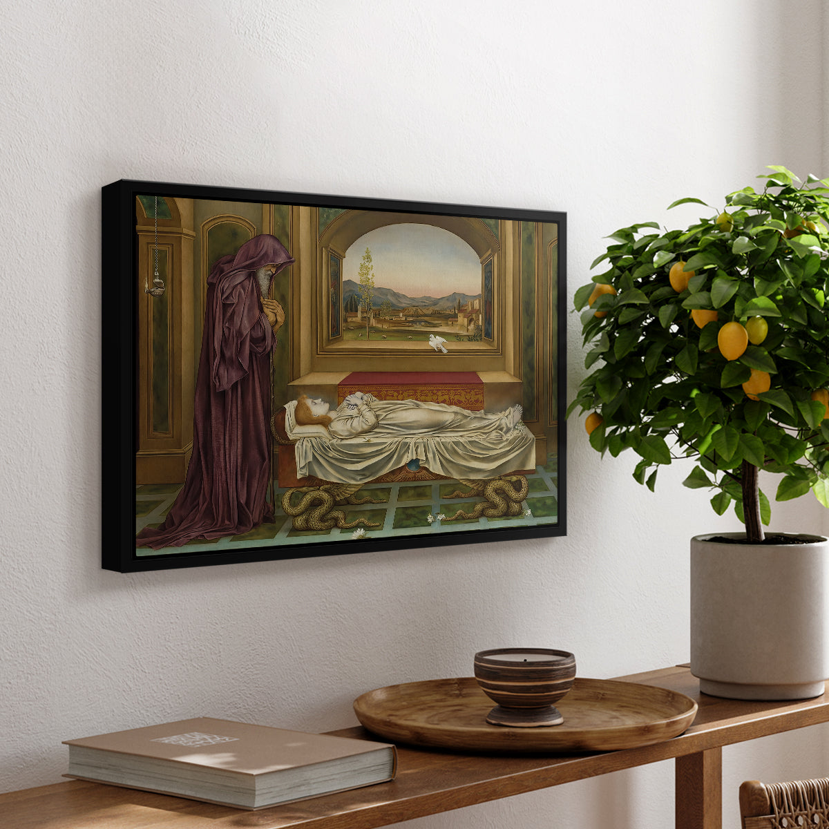 The Wandering Jew: Whom the Gods Love Die Young, 1888 by Evelyn De Morgan, presented in a black floater framed canvas featuring a solitary figure standing in interior space with contemplative expression, displayed above a hallway console table.