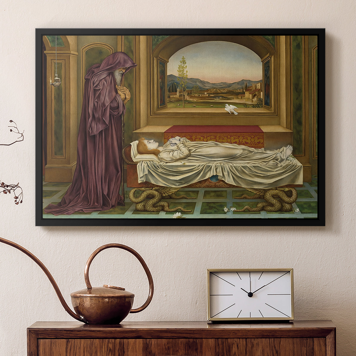 Black floater framed canvas featuring an introspective scene with lone figure framed by interior elements, displayed above a cabinet in a soft-toned living room.