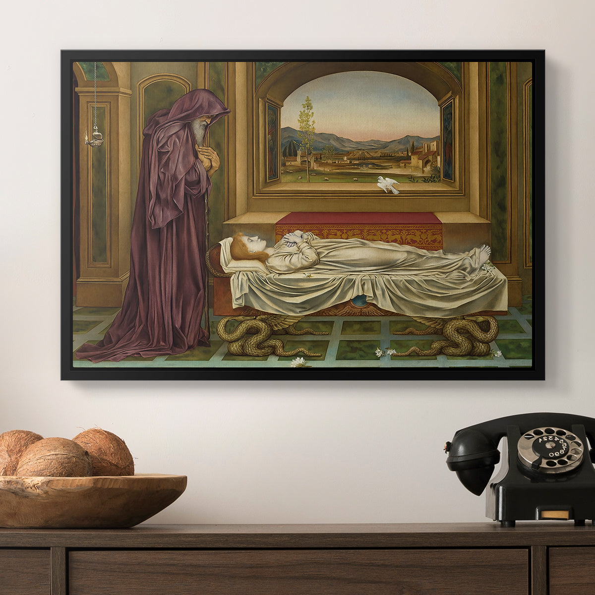 The Wandering Jew: Whom the Gods Love Die Young, 1888 by Evelyn De Morgan in a black floater framed canvas displayed above a console table in a hallway, featuring a narrative composition with figure paused in reflective moment.