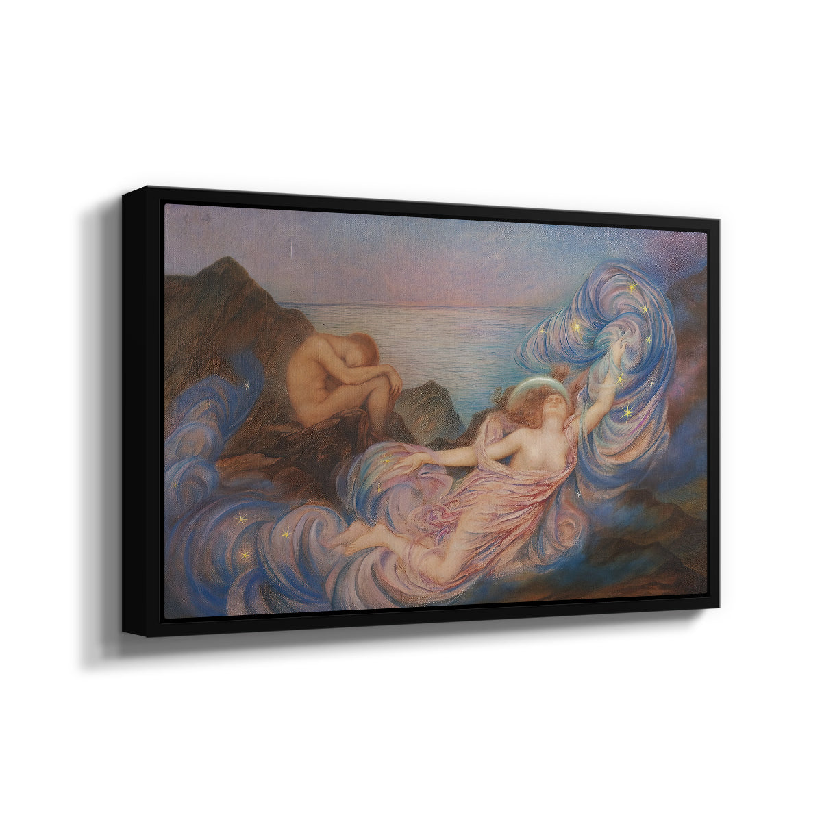 Angled view of Twilight, 1914 by Evelyn De Morgan in a black floater framed canvas.
