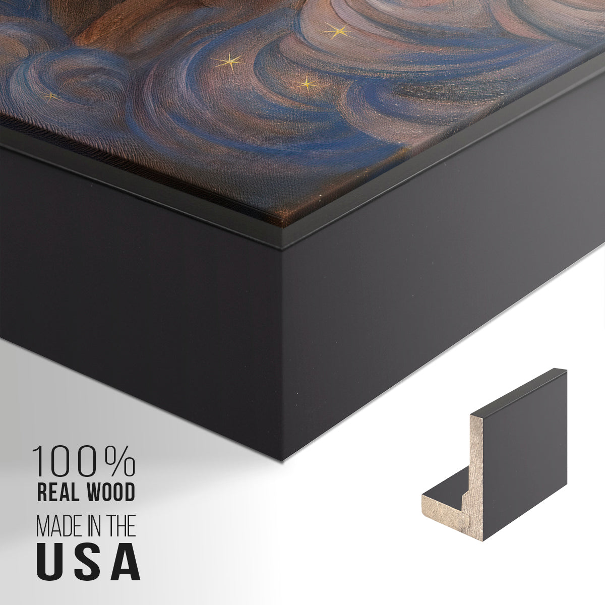 Close-up of the black floater frame corner and gallery wrapped canvas construction.