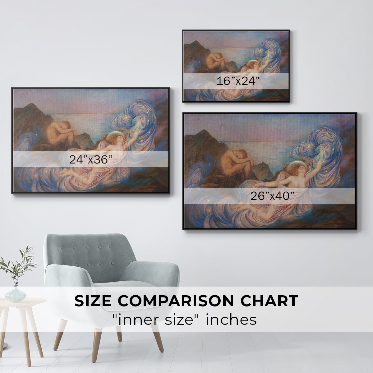 Size comparison chart for black floater framed canvas featuring Twilight, 1914 by Evelyn De Morgan.