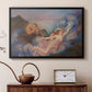 Black floater framed canvas featuring a dreamlike composition with woman in fading light, displayed above a cabinet in a soft-toned living room.