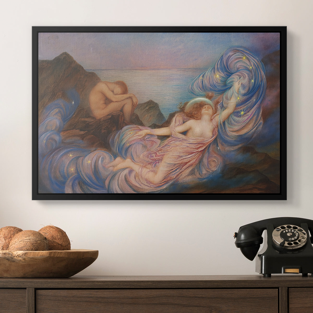 Twilight, 1914 by Evelyn De Morgan in a black floater framed canvas displayed above a console table in a hallway, featuring a symbolic scene of figure surrounded by evening tones.