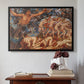 Black floater framed canvas featuring Boreas and the Fallen Leaves, c. 1910-1914 by Evelyn De Morgan above an entryway table in a minimalist foyer.