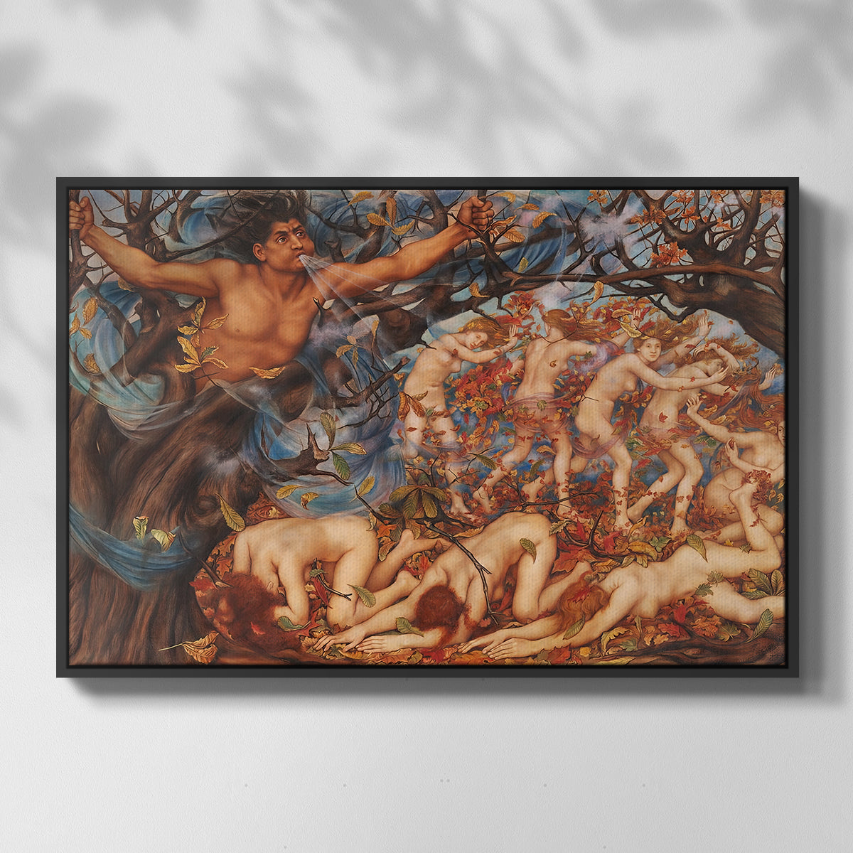 Front view of Boreas and the Fallen Leaves, c. 1910-1914 by Evelyn De Morgan in a black floater framed canvas.