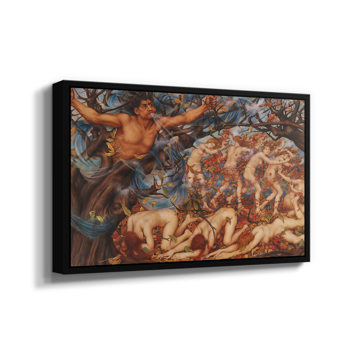 Angled view of Boreas and the Fallen Leaves, c. 1910-1914 by Evelyn De Morgan in a black floater framed canvas.