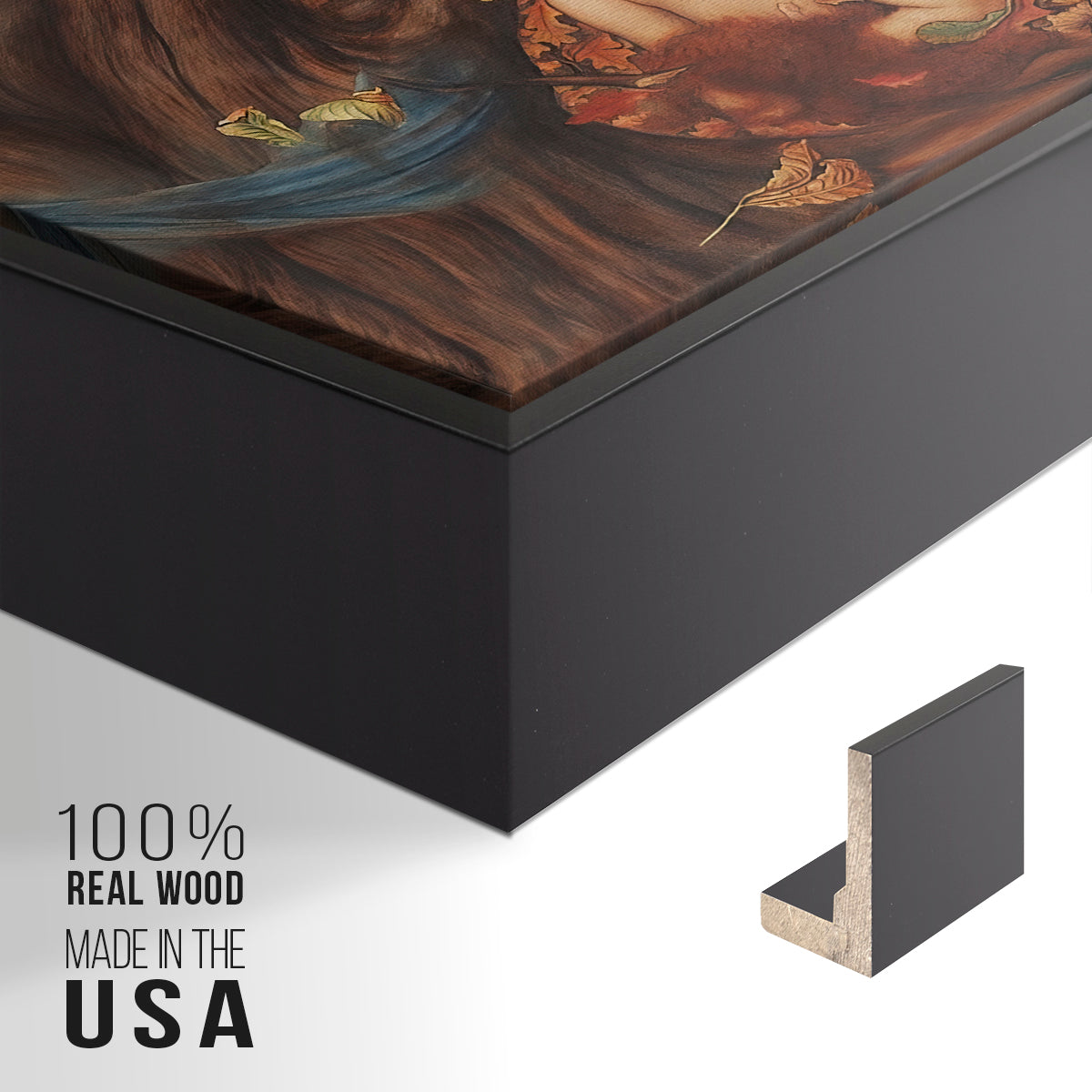 Close-up of the black floater frame corner and gallery wrapped canvas construction.