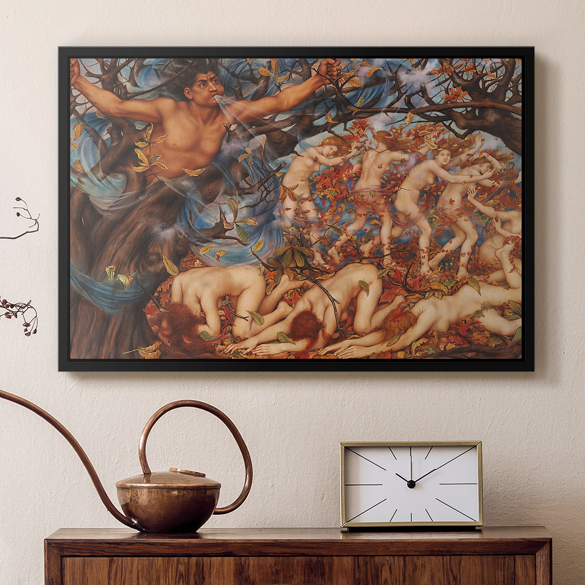 Black floater framed canvas featuring an energetic depiction of figures swept through air by wind, displayed above a cabinet in a soft-toned living room.