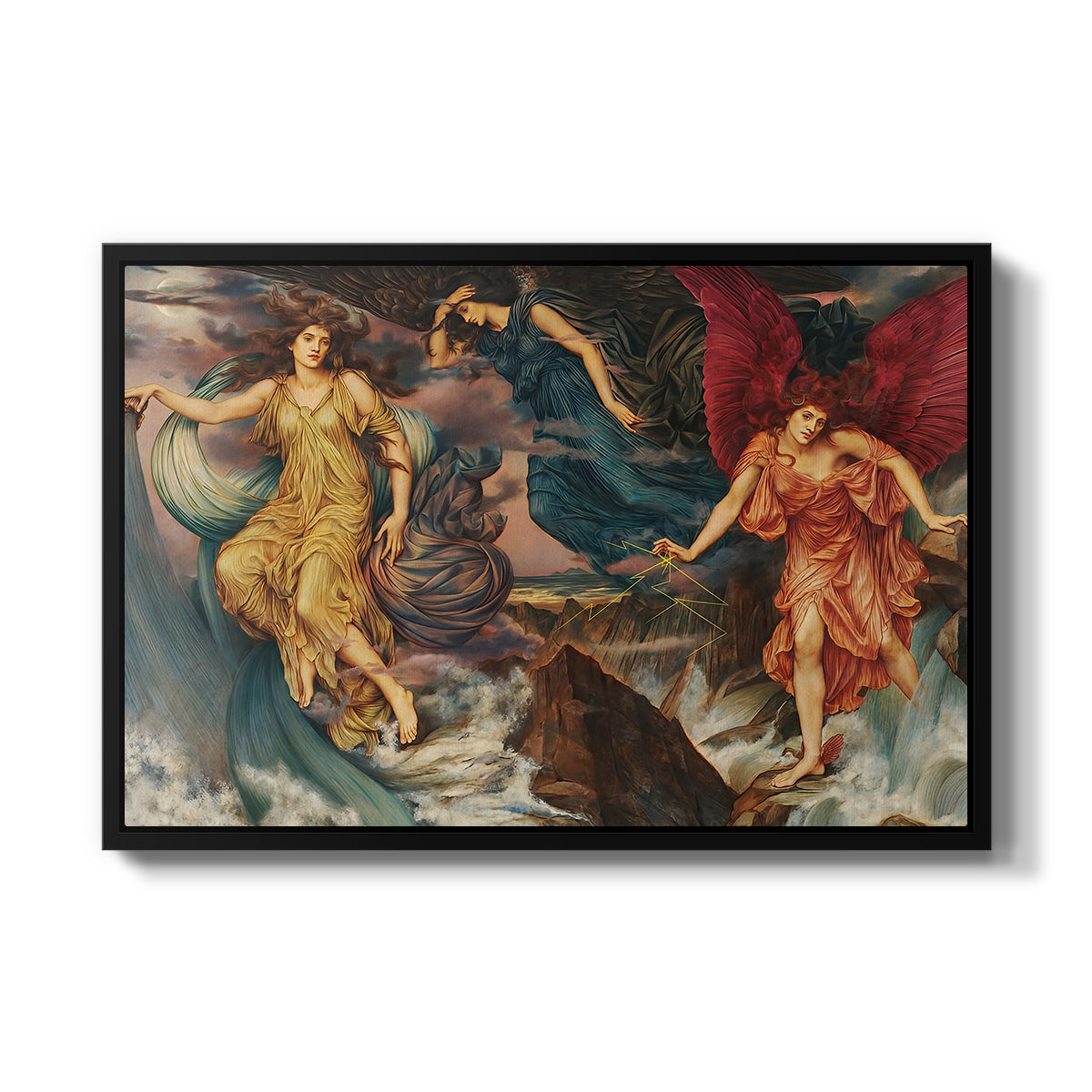 The Storm Spirits, 1900 by Evelyn De Morgan in a black floater framed canvas wall art display.