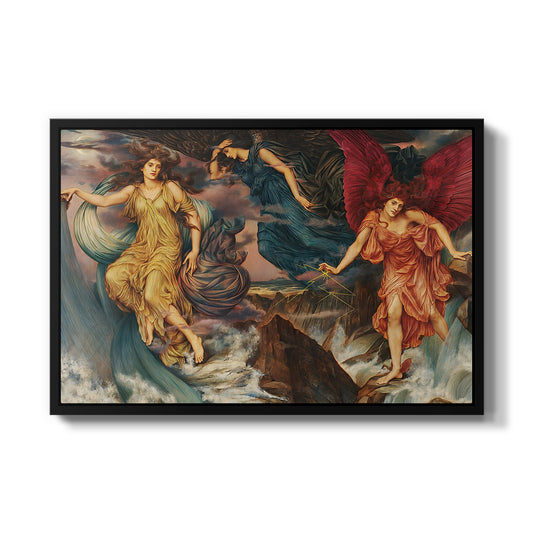 The Storm Spirits, 1900 by Evelyn De Morgan in a black floater framed canvas wall art display.