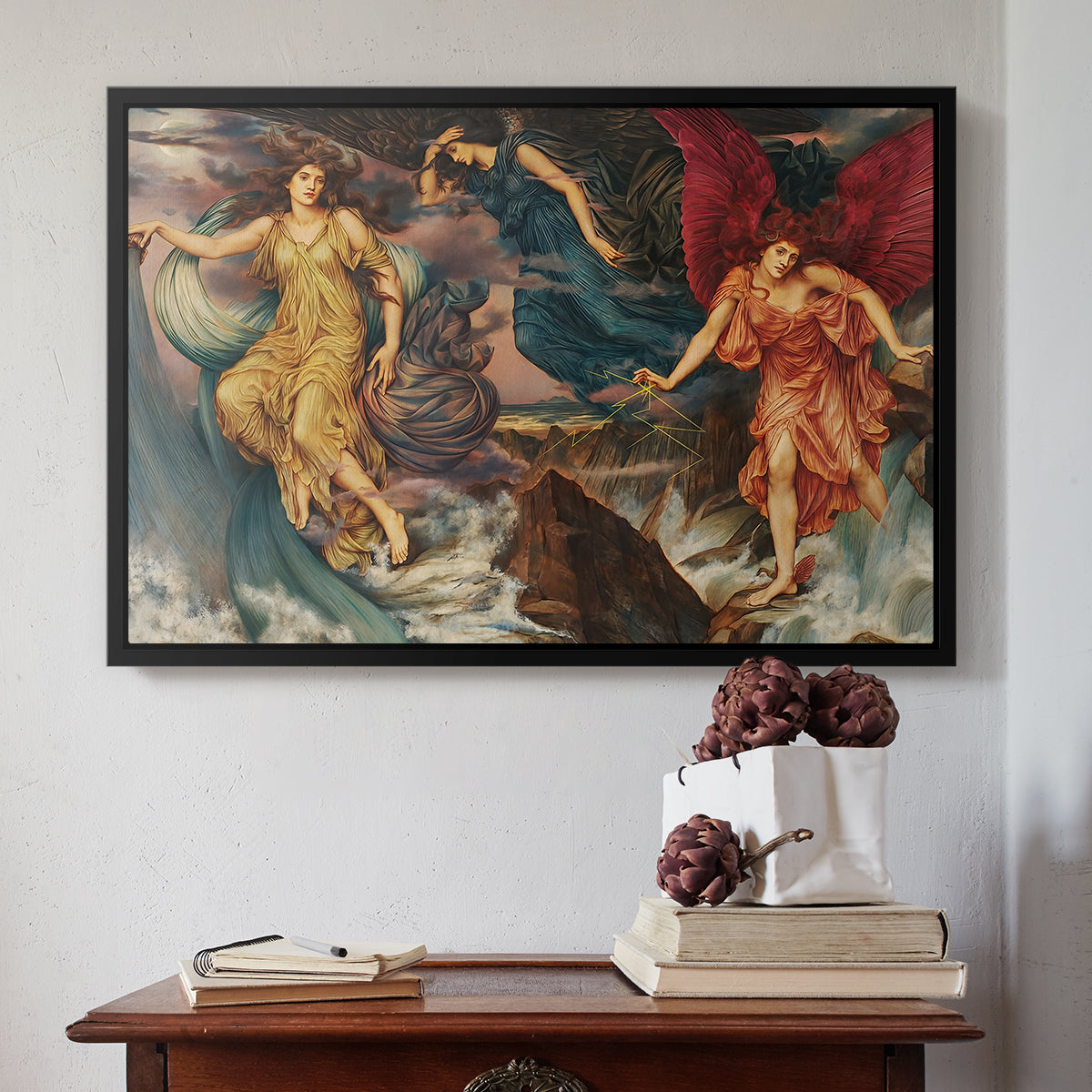 Black floater framed canvas featuring The Storm Spirits, 1900 by Evelyn De Morgan above an entryway table in a minimalist foyer.