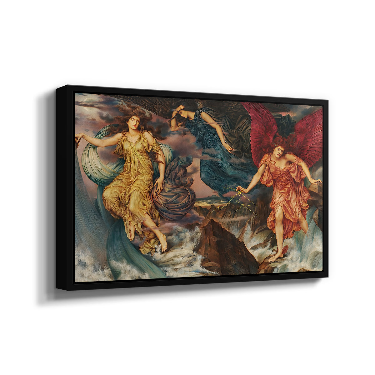 Angled view of The Storm Spirits, 1900 by Evelyn De Morgan in a black floater framed canvas.