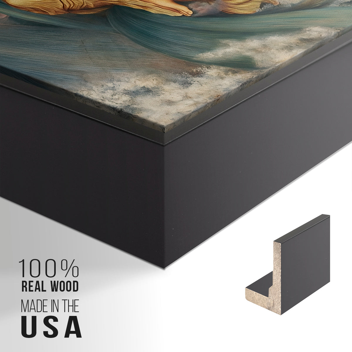 Close-up of the black floater frame corner and gallery wrapped canvas construction.
