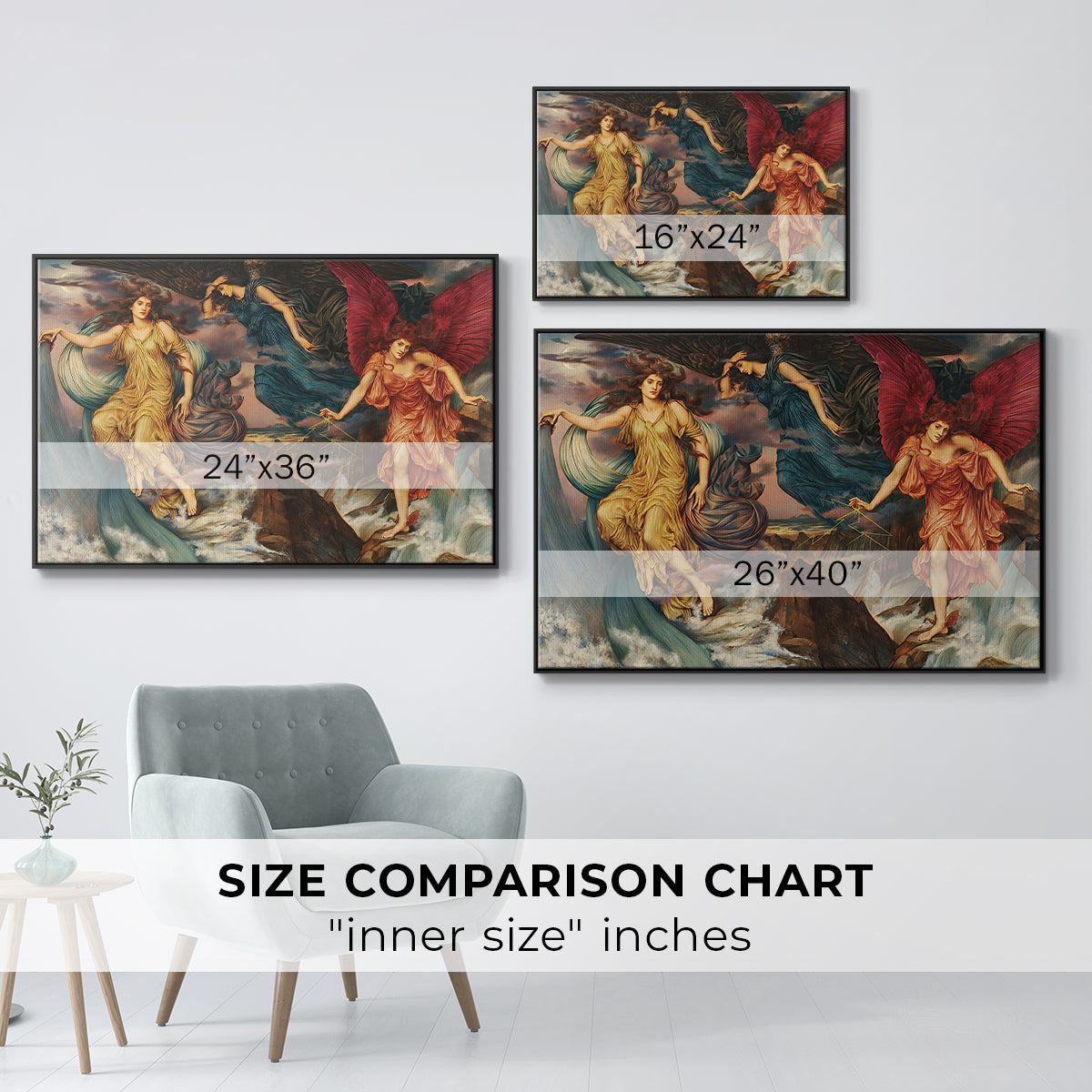 Size comparison chart for black floater framed canvas featuring The Storm Spirits, 1900 by Evelyn De Morgan.