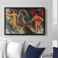 The Storm Spirits, 1900 by Evelyn De Morgan displayed above a sofa in a living room in a black floater frame, featuring a dramatic allegory of spirits moving within turbulent sky.