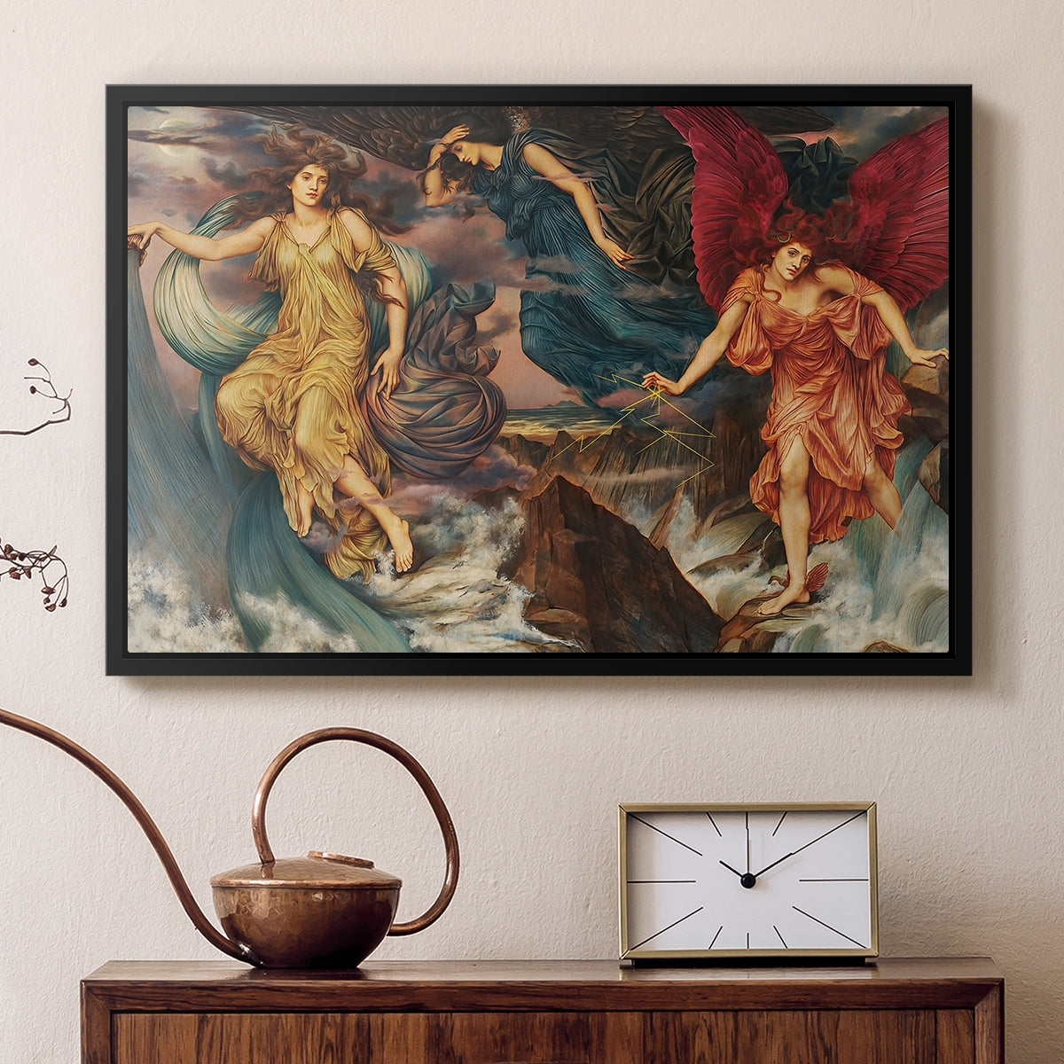 Black floater framed canvas featuring a dynamic composition of figures embodying storm energy, displayed above a cabinet in a soft-toned living room.