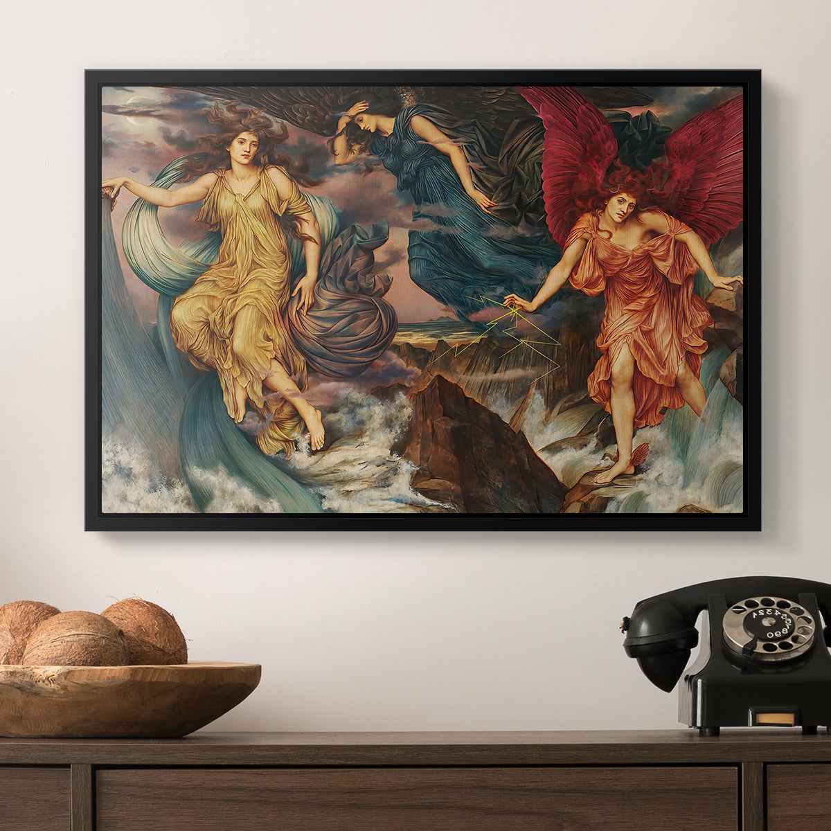 The Storm Spirits, 1900 by Evelyn De Morgan in a black floater framed canvas displayed above a console table in a hallway, featuring a symbolic scene of airborne figures in chaotic movement.
