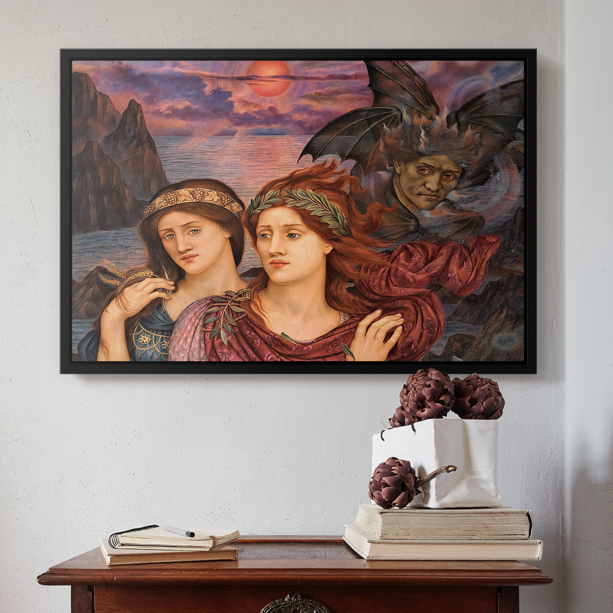 Black floater framed canvas featuring The Vision, 1914 by Evelyn De Morgan above an entryway table in a minimalist foyer.