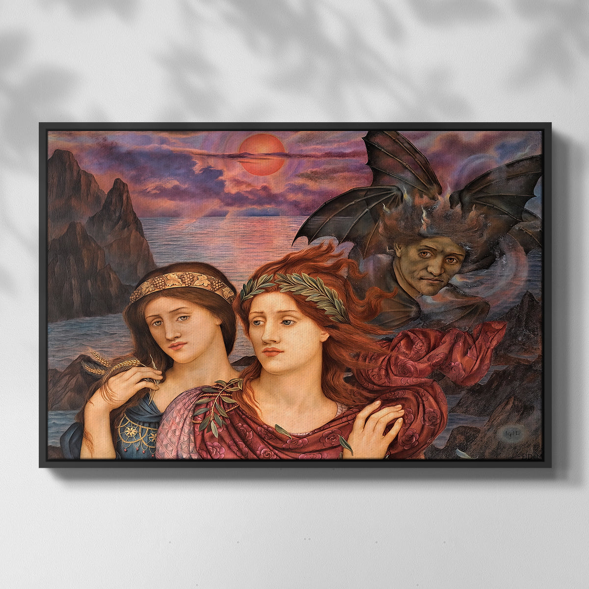 Front view of The Vision, 1914 by Evelyn De Morgan in a black floater framed canvas.