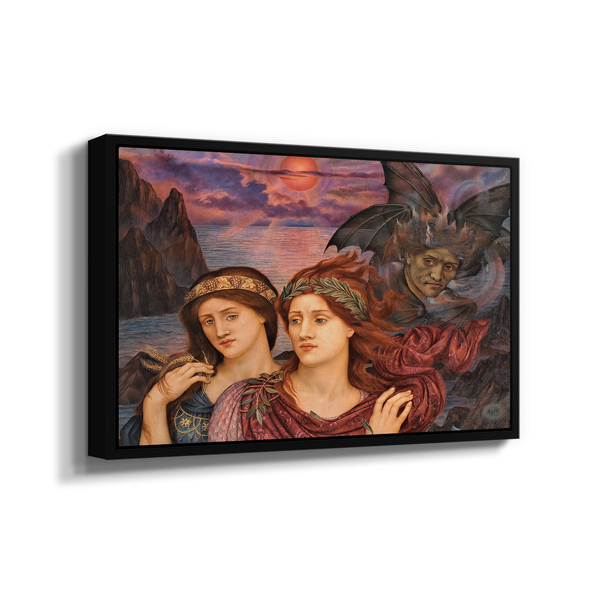 Angled view of The Vision, 1914 by Evelyn De Morgan in a black floater framed canvas.