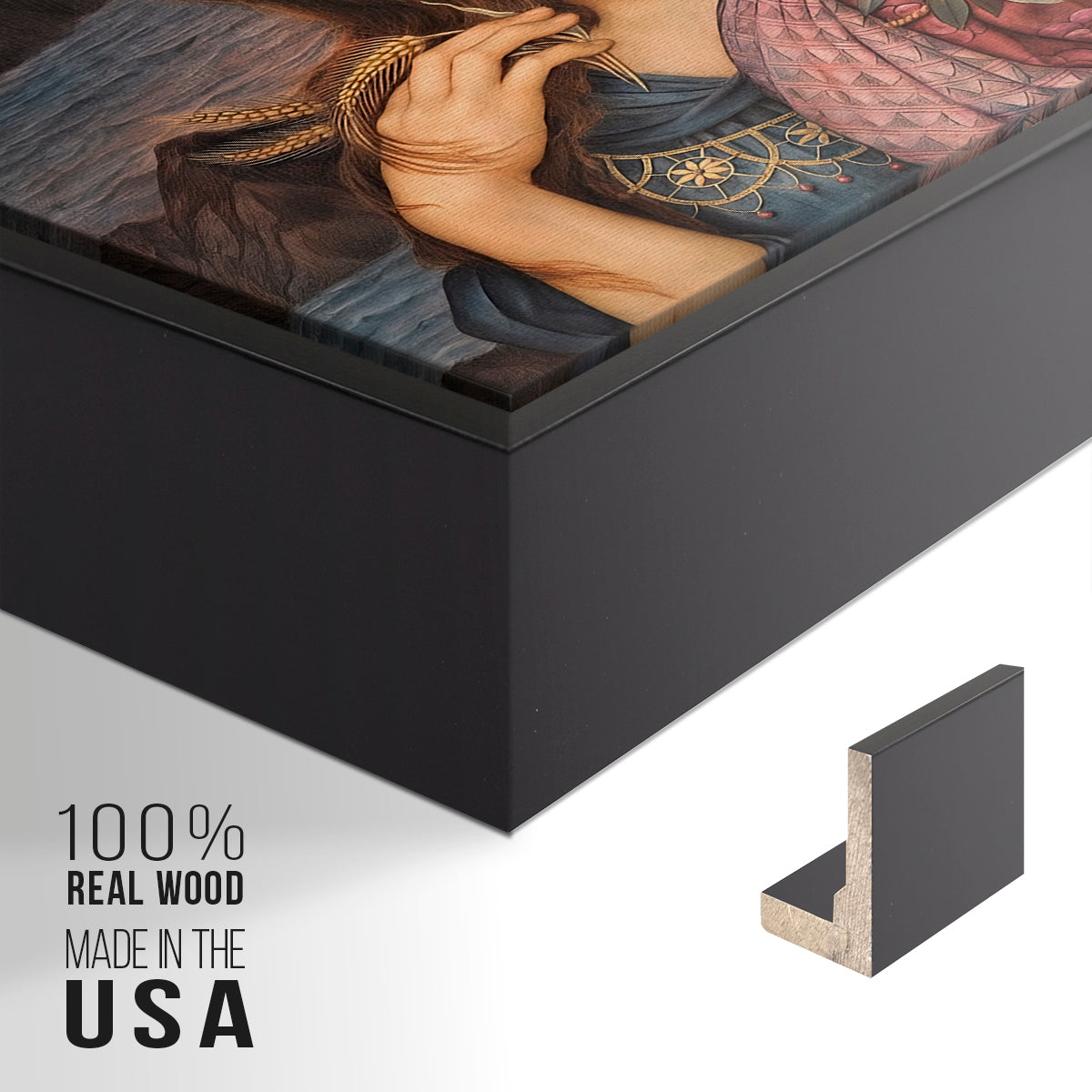 Close-up of the black floater frame corner and gallery wrapped canvas construction.