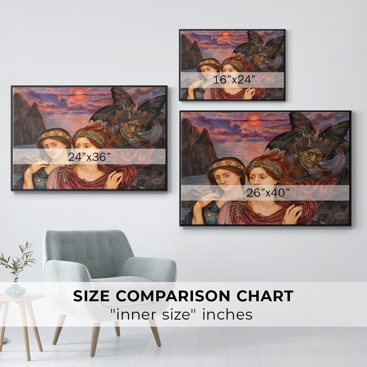 Size comparison chart for black floater framed canvas featuring The Vision, 1914 by Evelyn De Morgan.