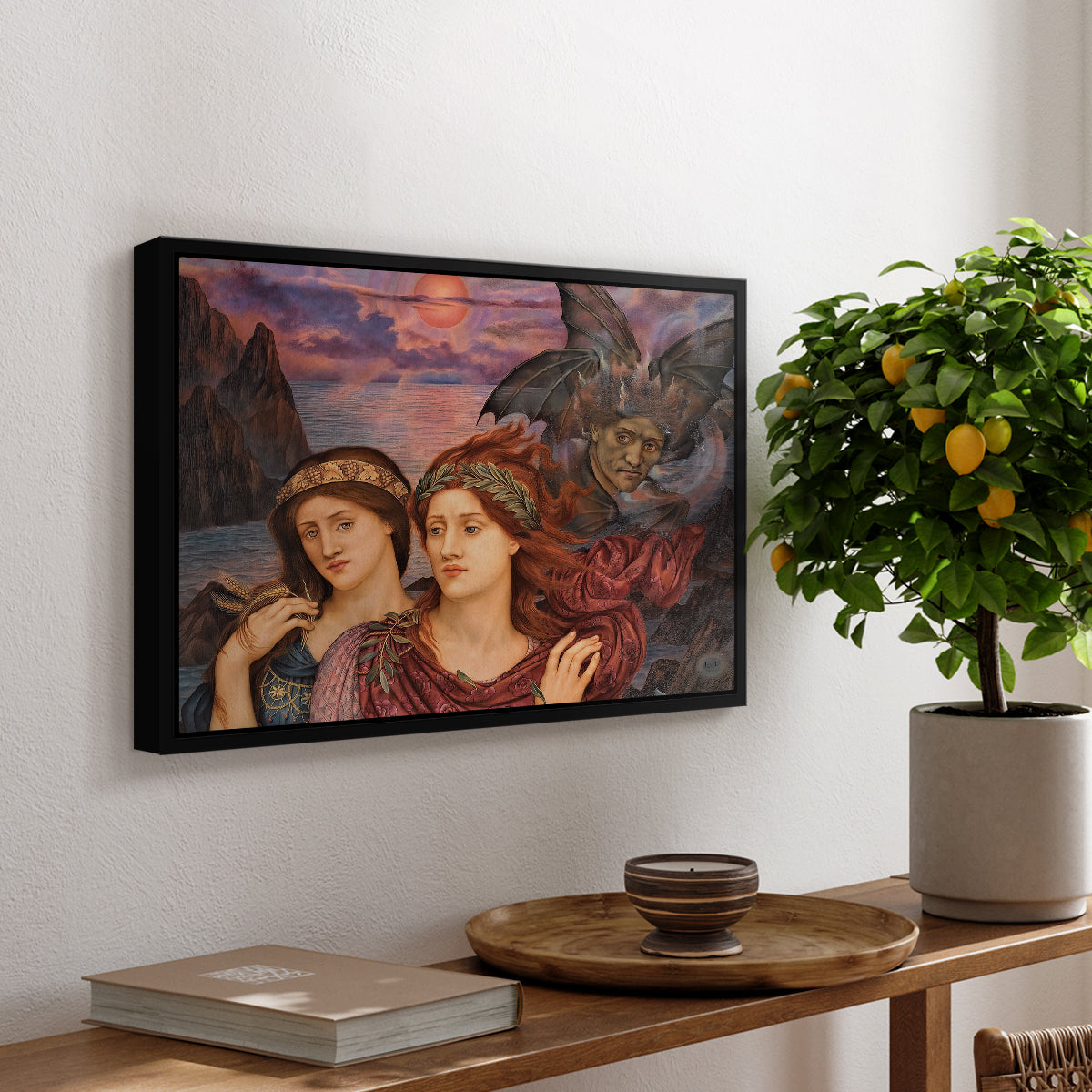 The Vision, 1914 by Evelyn De Morgan, presented in a black floater framed canvas featuring two female figures gazing outward with vivid sky behind them, displayed above a hallway console table.
