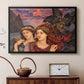Black floater framed canvas featuring an expressive composition with figures and dramatic sky, displayed above a cabinet in a soft-toned living room.