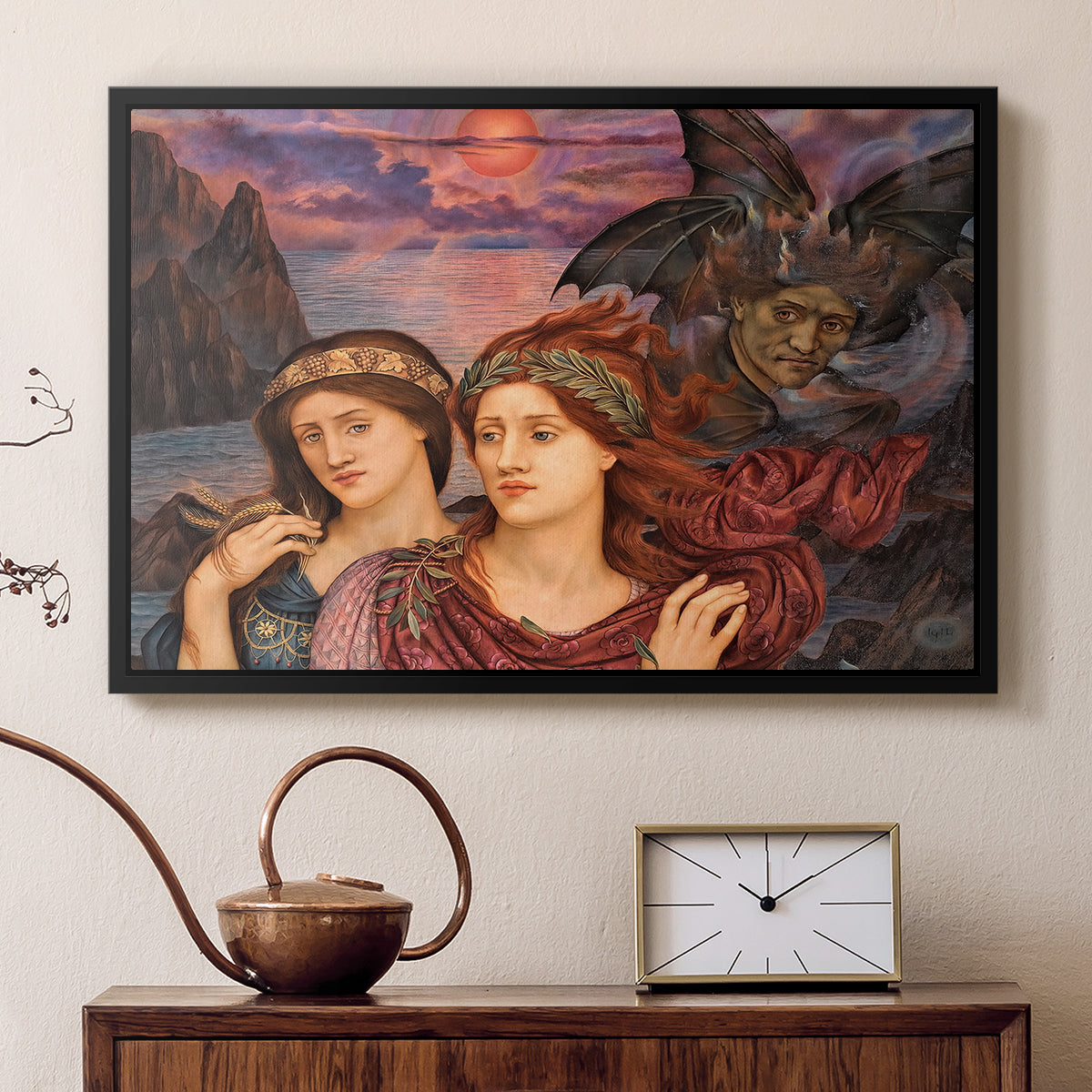 Black floater framed canvas featuring an expressive composition with figures and dramatic sky, displayed above a cabinet in a soft-toned living room.