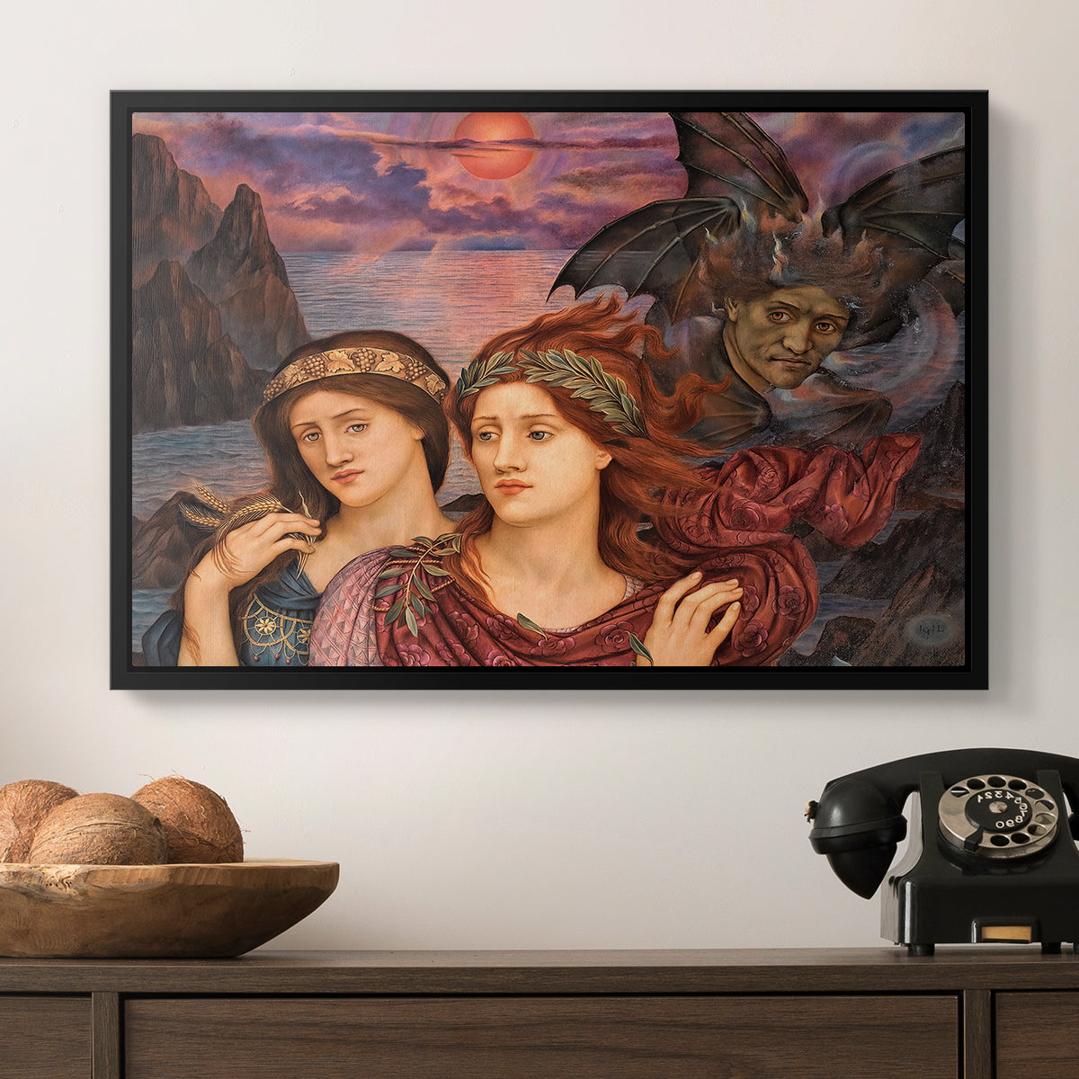 The Vision, 1914 by Evelyn De Morgan in a black floater framed canvas displayed above a console table in a hallway, featuring an allegorical scene emphasizing emotion and color.