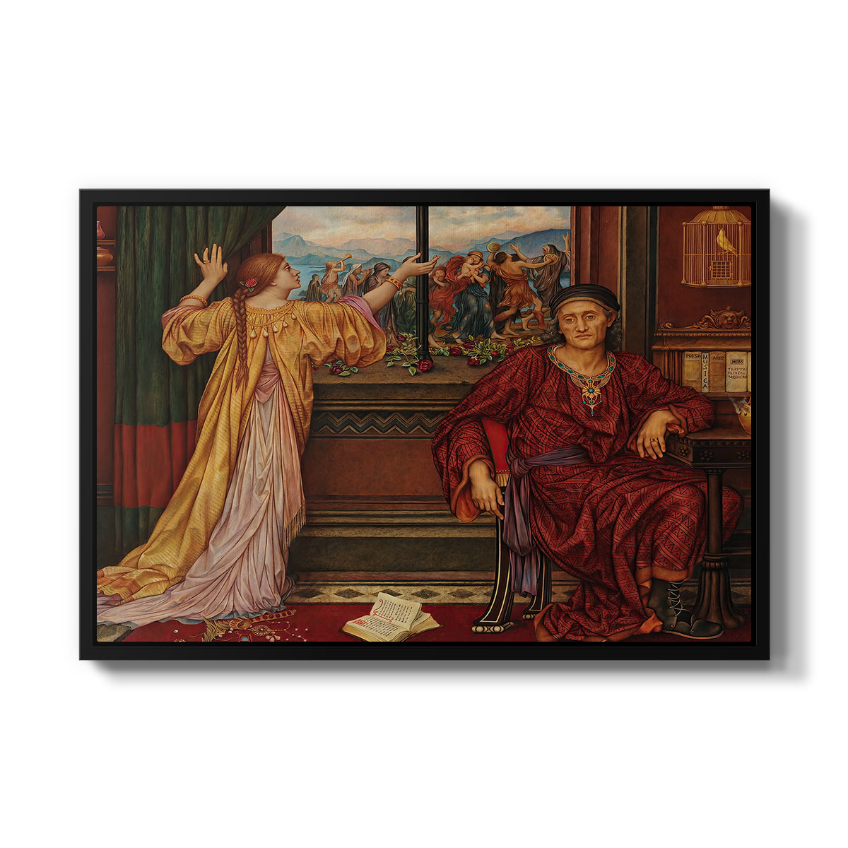 The Gilded Cage, c. 1901-1902 by Evelyn De Morgan in a black floater framed canvas wall art display.