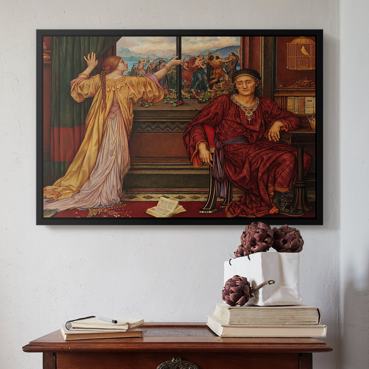 Black floater framed canvas featuring The Gilded Cage, c. 1901-1902 by Evelyn De Morgan above an entryway table in a minimalist foyer.