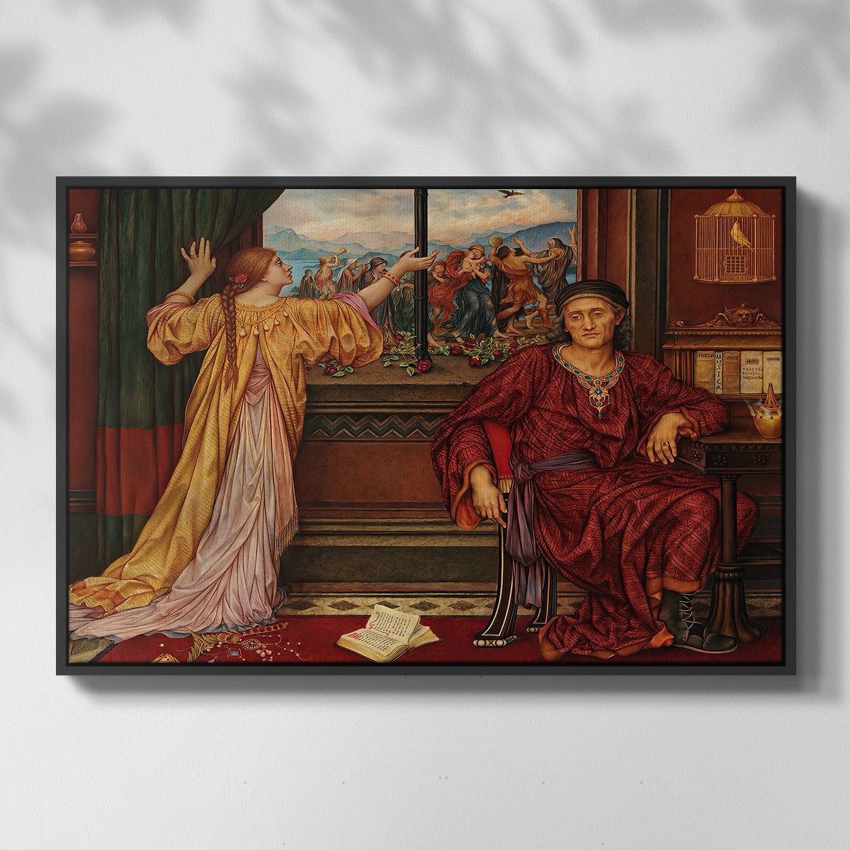 Front view of The Gilded Cage, c. 1901-1902 by Evelyn De Morgan in a black floater framed canvas.