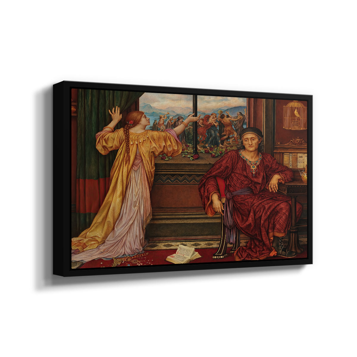 Angled view of The Gilded Cage, c. 1901-1902 by Evelyn De Morgan in a black floater framed canvas.