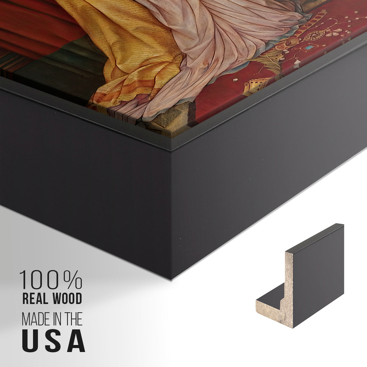 Close-up of the black floater frame corner and gallery wrapped canvas construction.