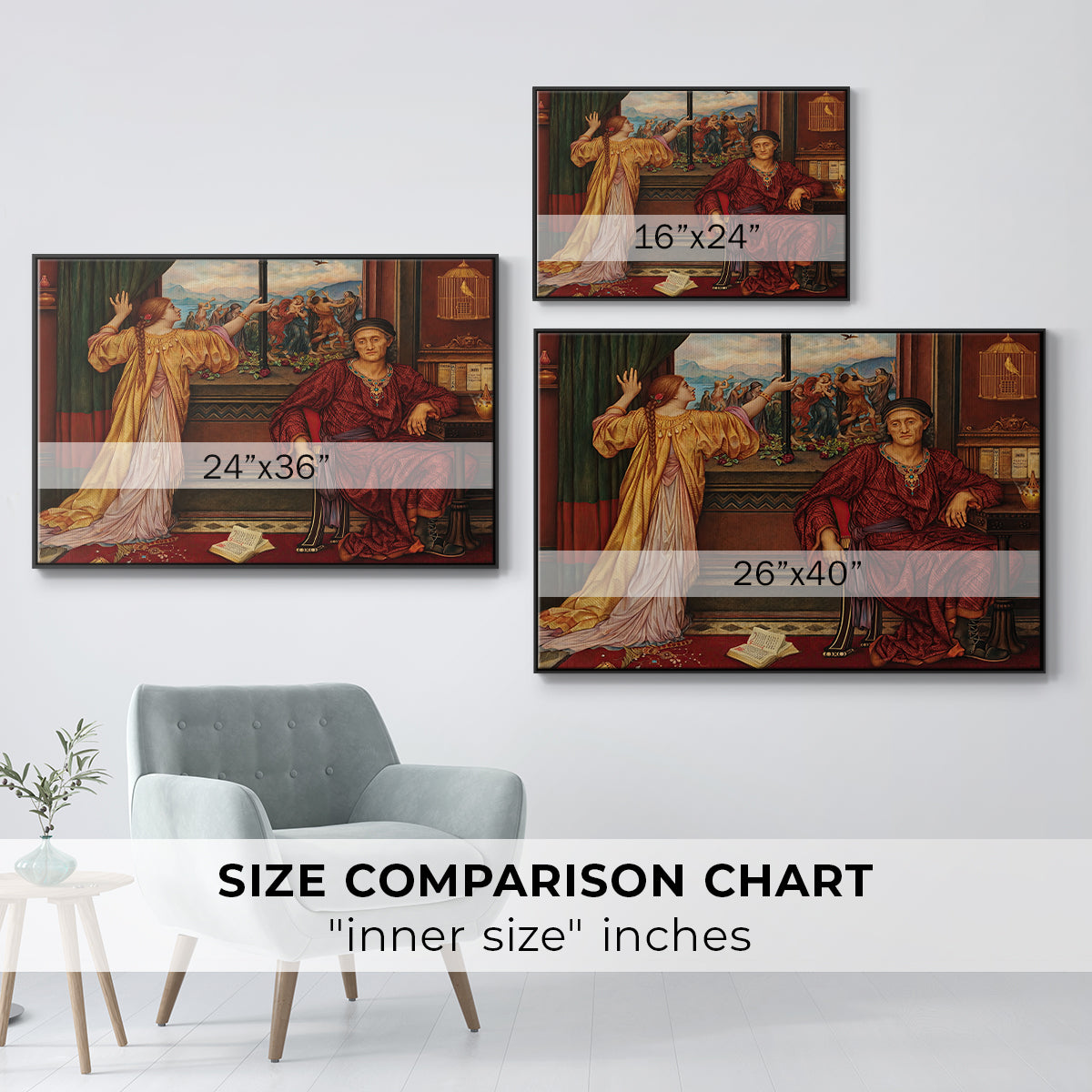 Size comparison chart for black floater framed canvas featuring The Gilded Cage, c. 1901-1902 by Evelyn De Morgan.