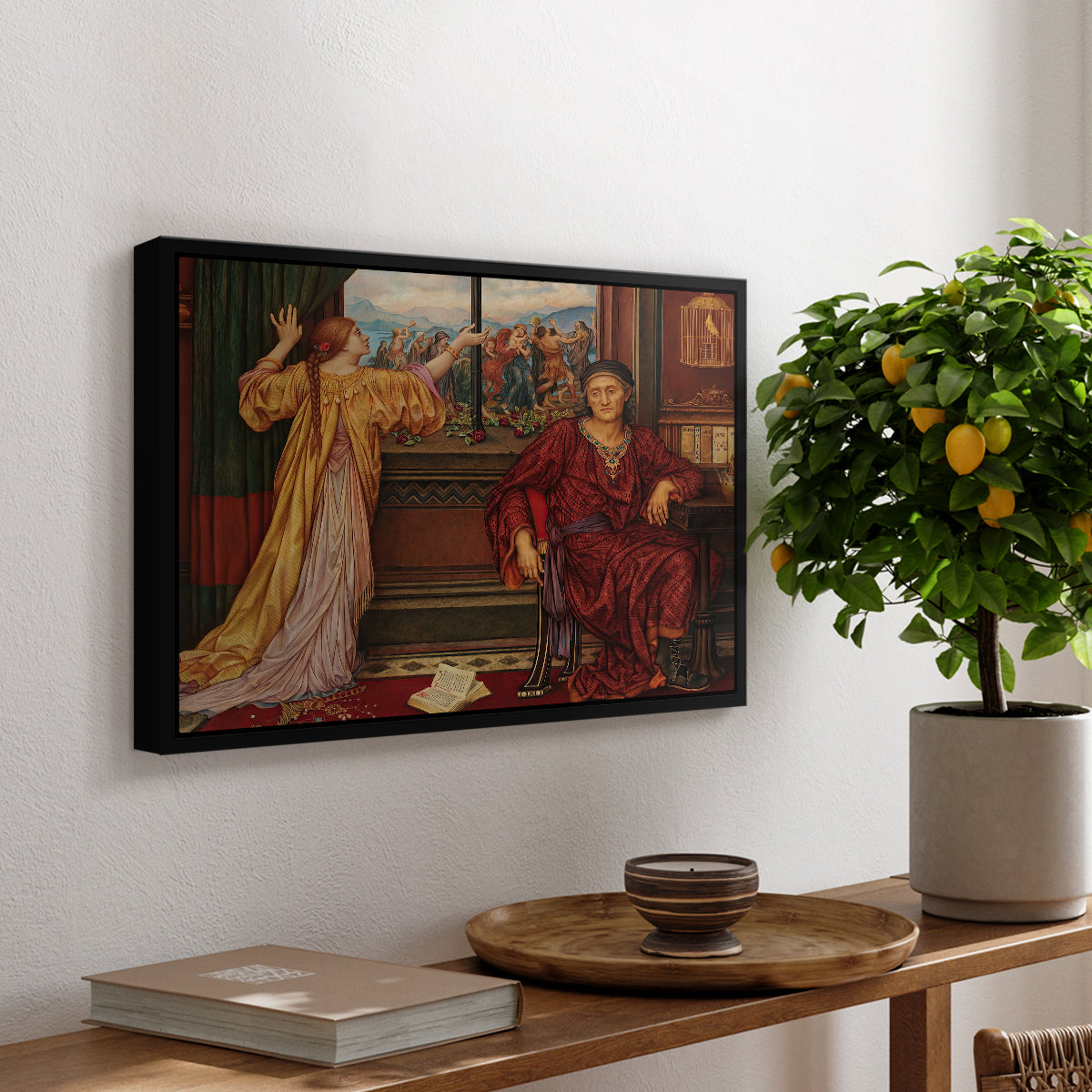 The Gilded Cage, c. 1901-1902 by Evelyn De Morgan, presented in a black floater framed canvas featuring a woman seated inside ornate interior symbolizing confinement and luxury, displayed above a hallway console table.