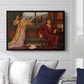 The Gilded Cage, c. 1901-1902 by Evelyn De Morgan displayed above a sofa in a living room in a black floater frame, featuring a symbolic scene of figure enclosed within decorative surroundings.