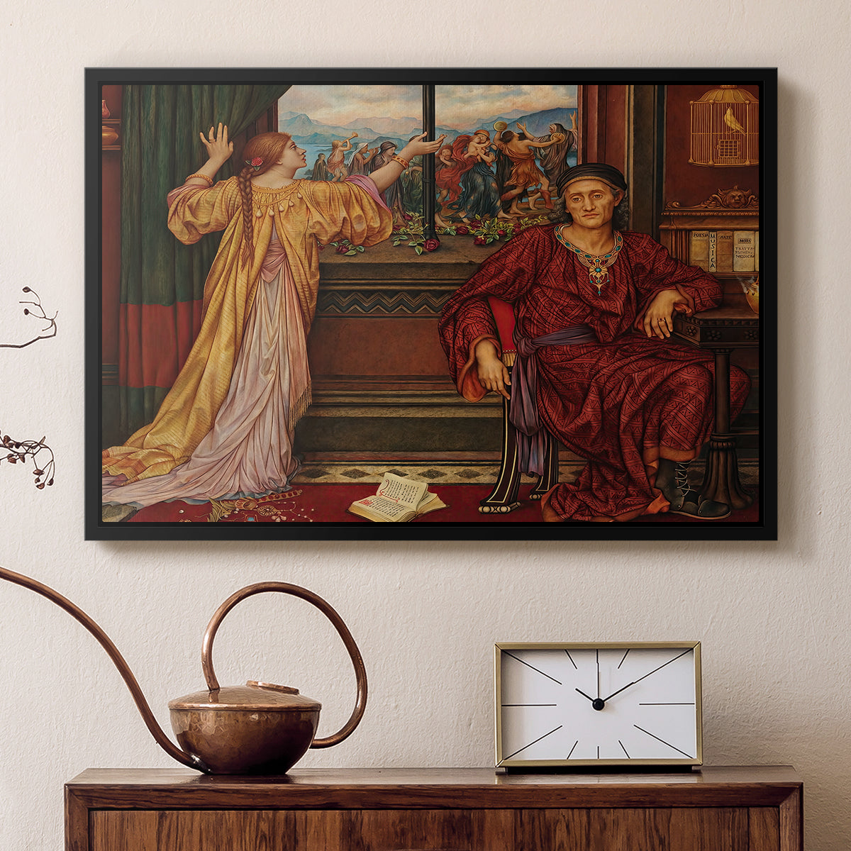 Black floater framed canvas featuring an interior composition with woman and gilded elements suggesting restriction, displayed above a cabinet in a soft-toned living room.