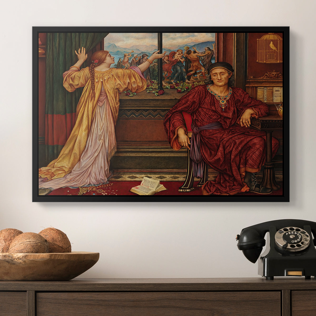 The Gilded Cage, c. 1901-1902 by Evelyn De Morgan in a black floater framed canvas displayed above a console table in a hallway, featuring an allegorical depiction of beauty and captivity.