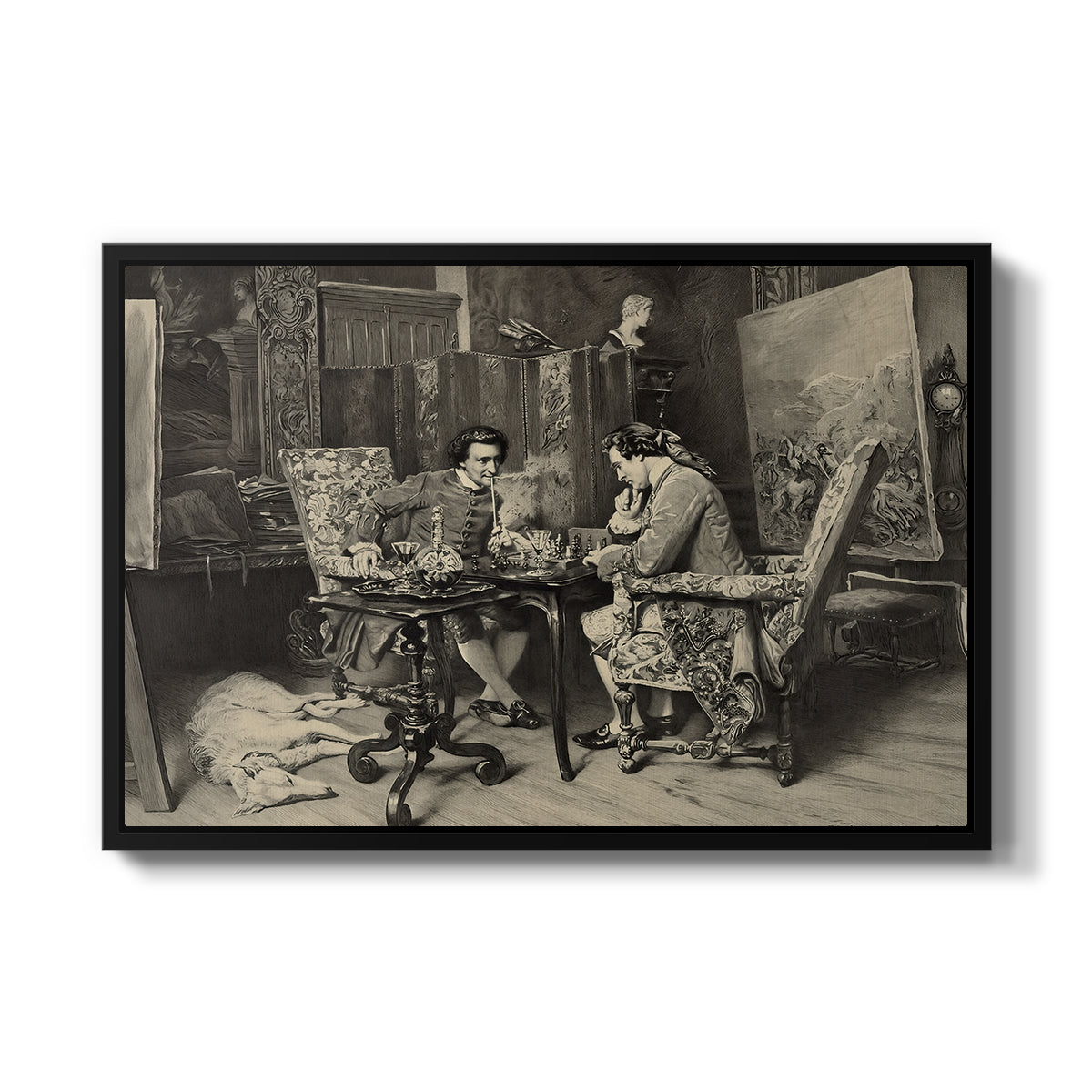 The Chess Players, 1858 by Ernest Meissonier in a black floater framed canvas wall art display.