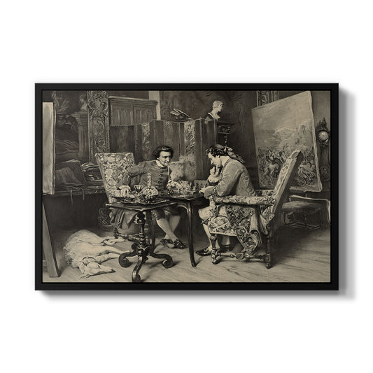 The Chess Players, 1858 by Ernest Meissonier in a black floater framed canvas wall art display.