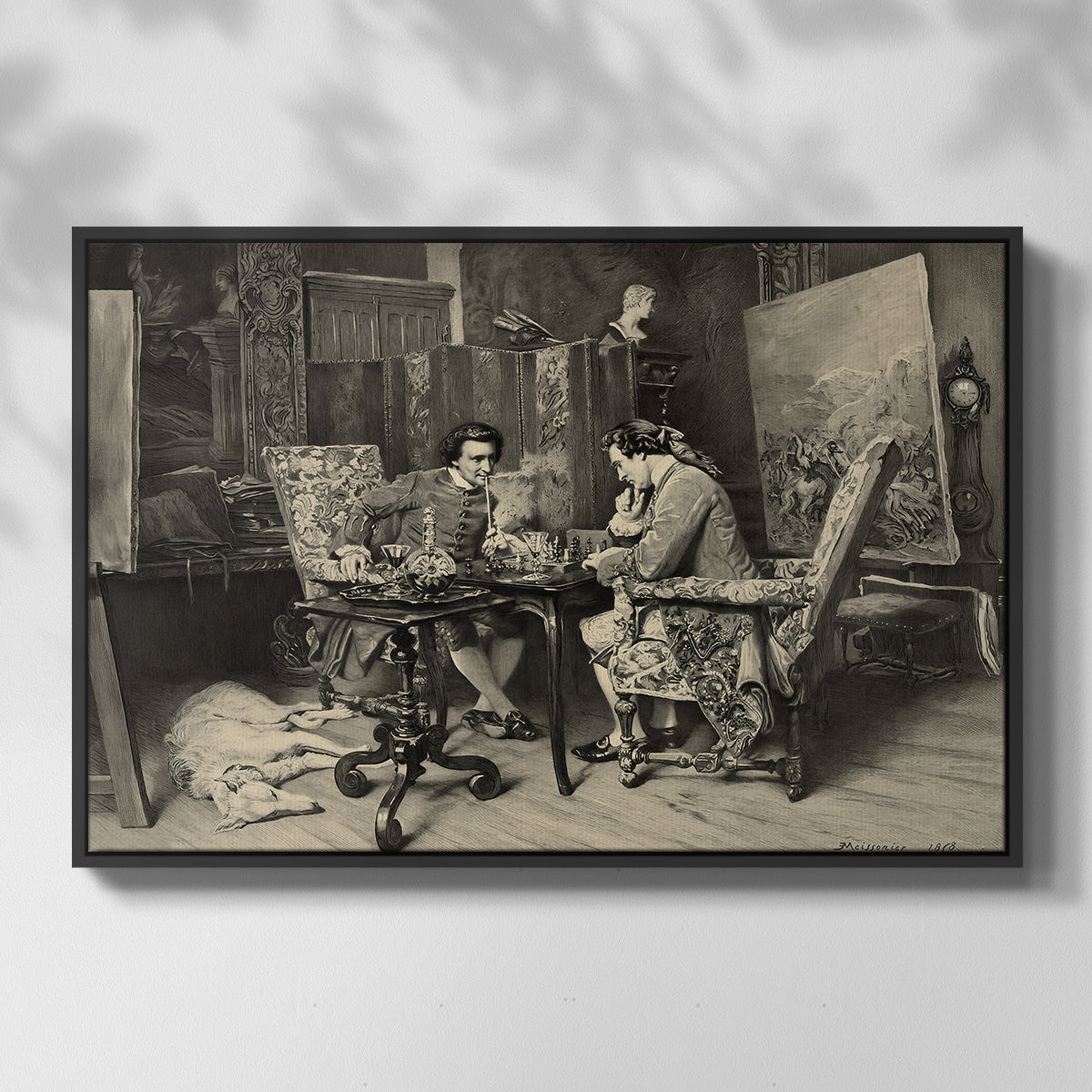 Front view of The Chess Players, 1858 by Ernest Meissonier in a black floater framed canvas.