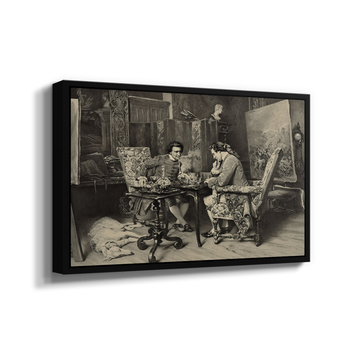 Angled view of The Chess Players, 1858 by Ernest Meissonier in a black floater framed canvas.