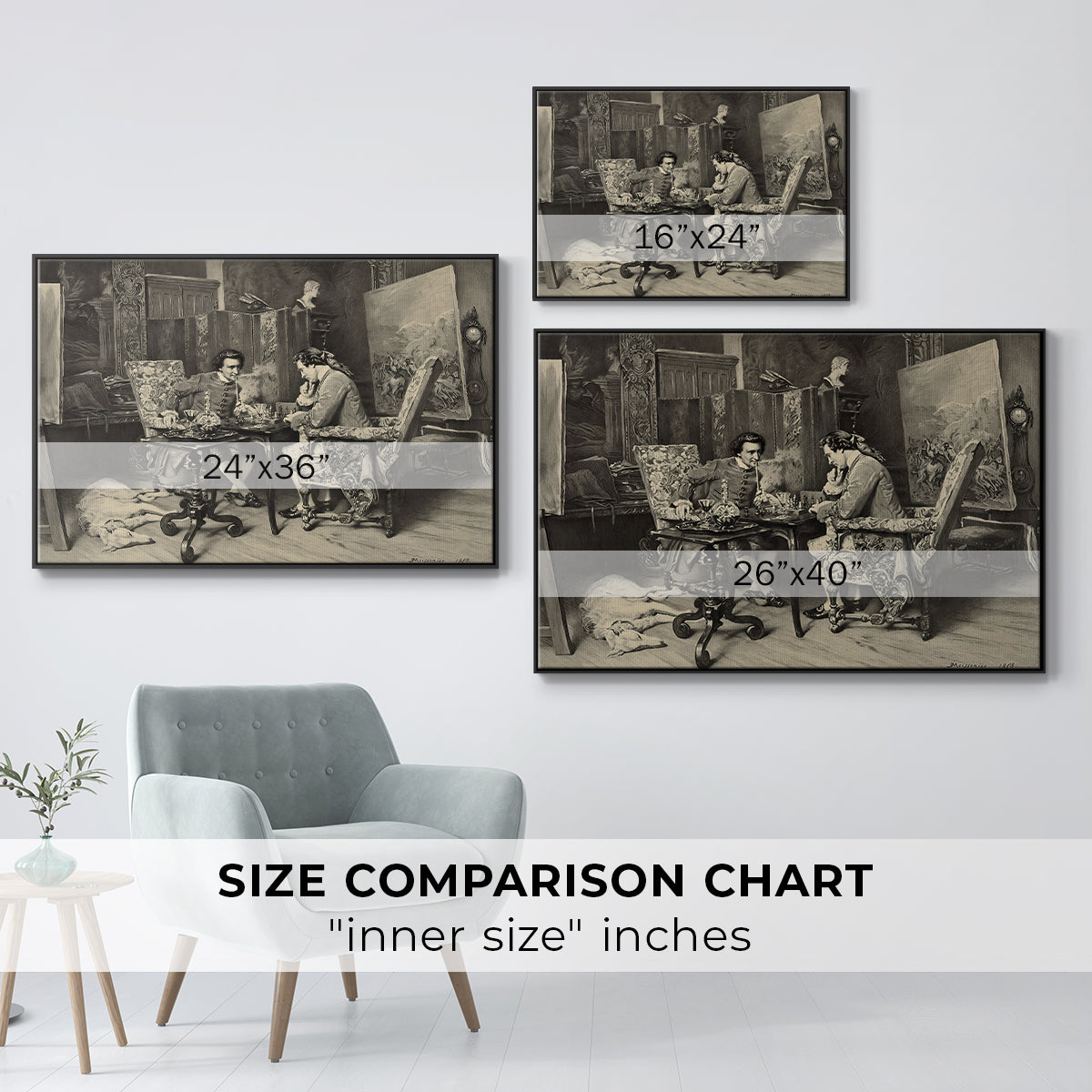 Size comparison chart for black floater framed canvas featuring The Chess Players, 1858 by Ernest Meissonier.