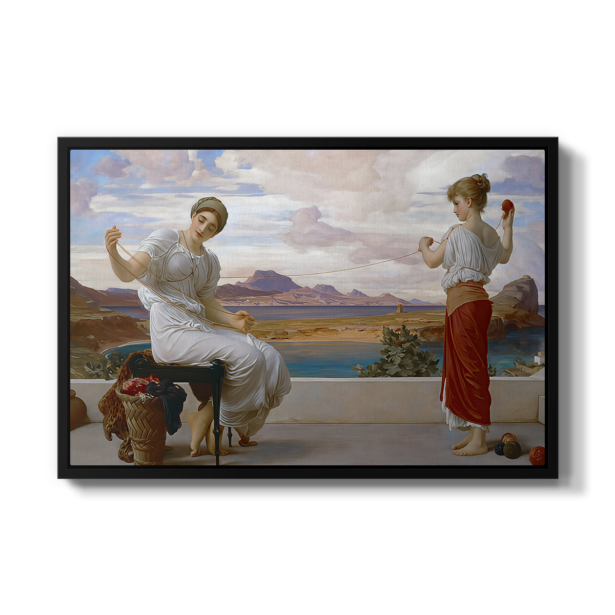 Winding the Skein, c. 1878 by Frederic Leighton in a black floater framed canvas wall art display.