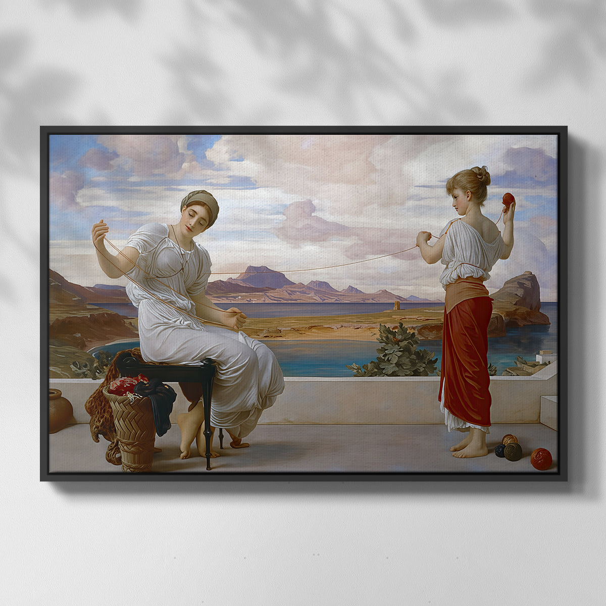 Front view of Winding the Skein, c. 1878 by Frederic Leighton in a black floater framed canvas.